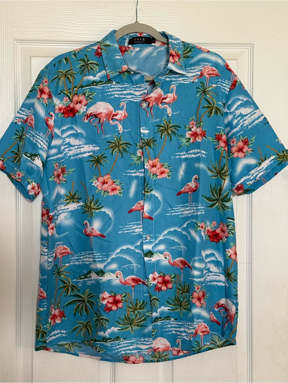 SSLR Men's Blue Flamingo Print Short Sleeve Shirt